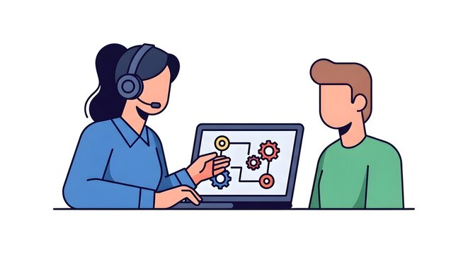 Customer service agent with headset explains complex process on laptop screen to attentive client showcasing collaboration and clear communication for business solutions - Powered by Adobe