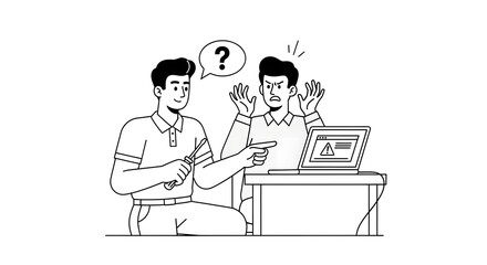Frustrated man pointing at laptop error while colleague offers help with screwdriver, illustrating technical support and problem-solving scenarios