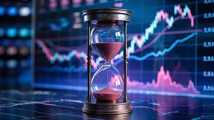Hourglass with flowing sand in front of a blurred financial stock market graph displaying economic growth and decline