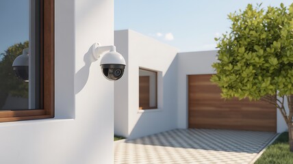 Modern white house exterior with a security camera mounted on the wall near a garage and a large green tree