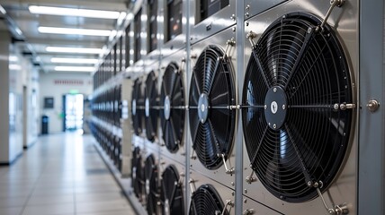 Rows of powerful industrial cooling fans mounted on server racks in a brightly lit data center hallway creating a sense of advanced technology and efficient operation