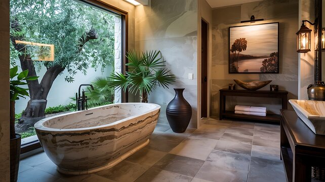 Luxurious spa bathroom featuring a freestanding stone bathtub with a large window overlooking lush green trees and modern interior design elements - Powered by Adobe