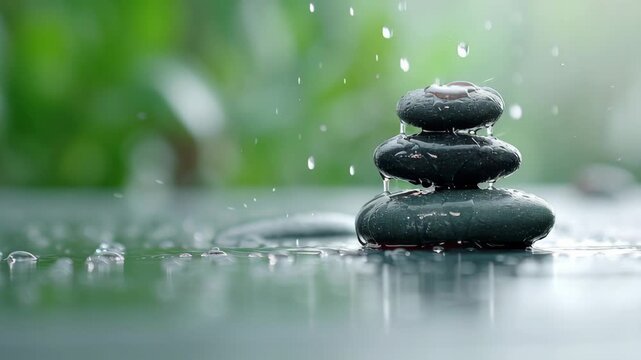 Zen stone tower with water drops, symbolizing balance and tranquility. Relaxing spa background video footage.