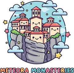 Whimsical Meteora Monasteries: A Cute Cartoon Illustration of Iconic Greek Clifftop Monasteries.