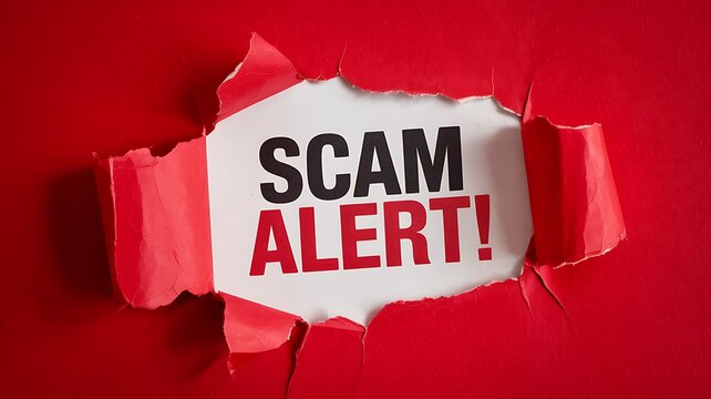 Torn red paper reveals a white background with the bold black and red text scam alert warning of danger and deception