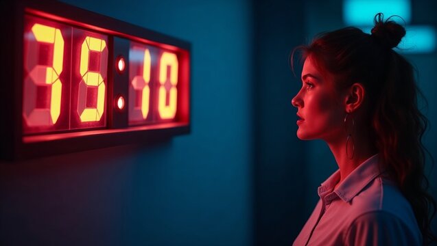 Woman looking at digital countdown timer in dark room
