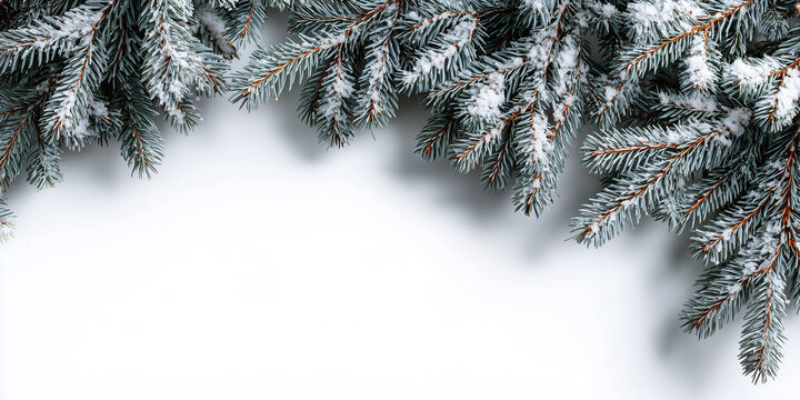 Tannenzweige mit Schnee auf weissen Hintergrund. Als Postkarte Werbebanner f&uuml;r Weihnachten