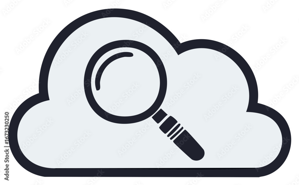 Poster cloud computing search and data analysis icon with magnifying glass