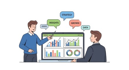Dynamic business professionals analyzing growth strategy and data insights on a modern laptop screen, fostering collaborative success and informed decision-making