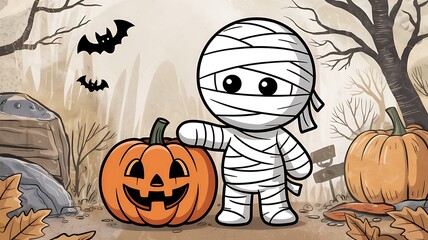 Cute cartoon mummy character stands next to a carved jack o lantern pumpkin in a spooky halloween forest scene with bats flying