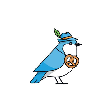 Adorable blue bird mascot dressed in a Bavarian festival hat, holding a classic German pretzel. Isolated vector illustration