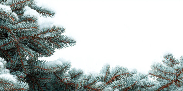 Tannenzweige mit Schnee auf weissen Hintergrund. Als Postkarte Werbebanner f&uuml;r Weihnachten