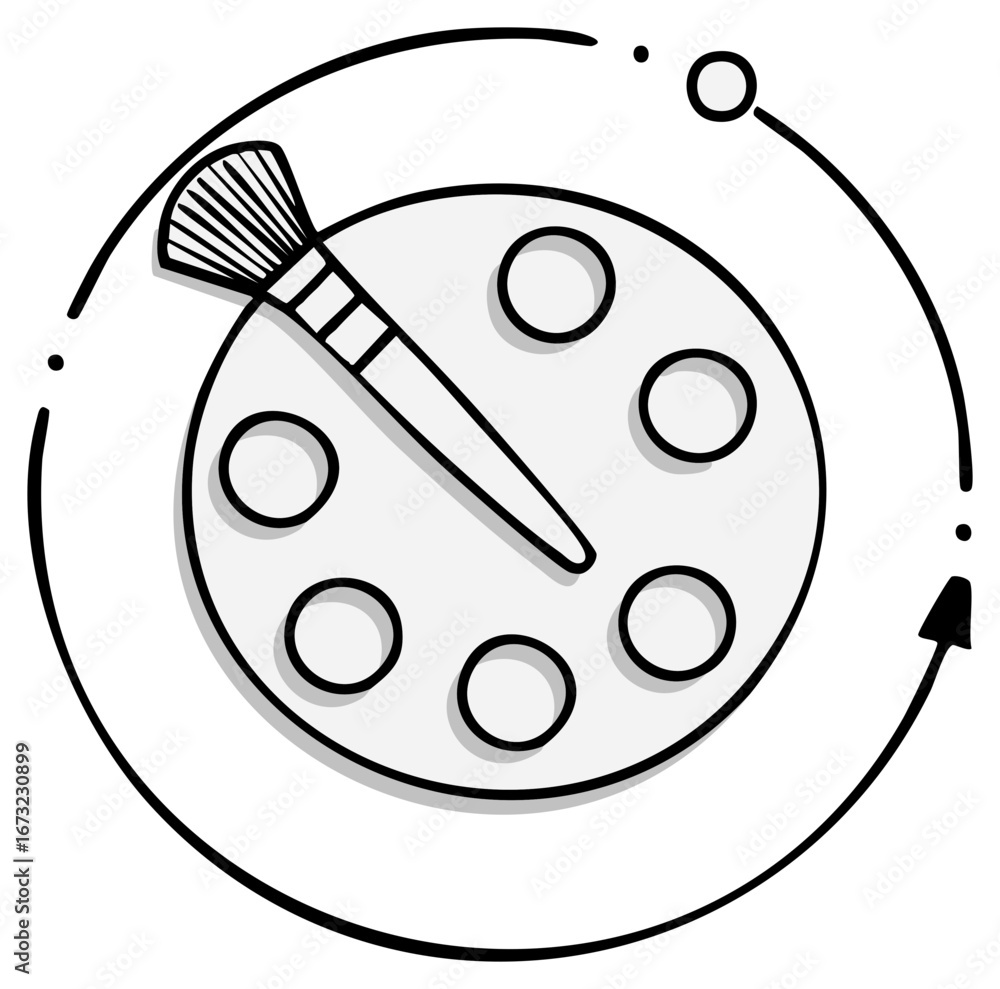 Poster creative process icon with an artist palette and paintbrush in a circular refresh loop