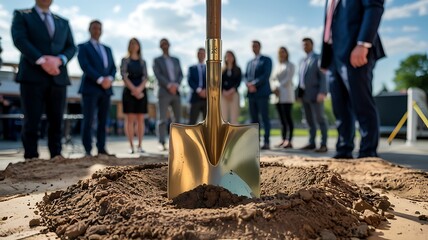 Groundbreaking ceremony with golden shovels and business professionals celebrating new construction project start