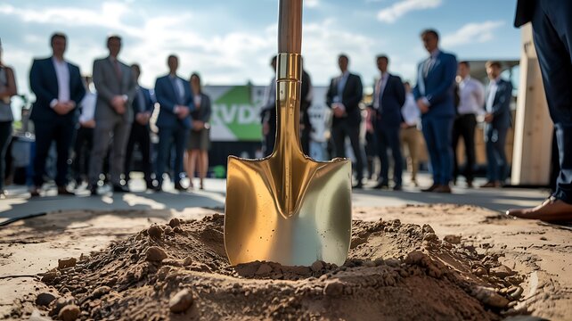 Golden ceremonial shovel planted in the ground with a group of people in the background at a groundbreaking construction event