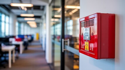 Brightly lit modern office hallway with a prominent red fire alarm box mounted on a white wall in the foreground