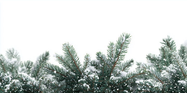 Tannenzweige mit Schnee auf weissen Hintergrund. Als Postkarte Werbebanner f&uuml;r Weihnachten