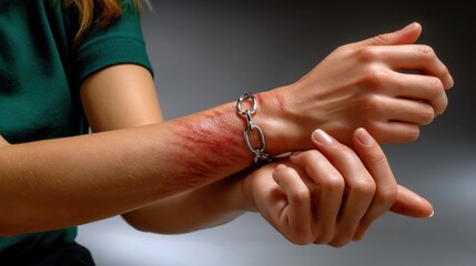 Close-up of a woman s wrist with red scars and a chain bracelet, symbolizing pain, trauma, and resilience through personal struggle.