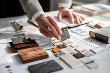 Projektant wnętrz tworzący moodboard &ndash; dob&oacute;r materiał&oacute;w i faktur jako wizualizacja koncepcji przestrzeni dla klienta.