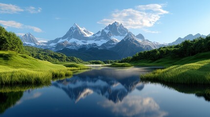 Majestic mountains mirrored in undisturbed lake, soft morning light and serene mood