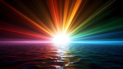 Colorful sunset over the ocean with vibrant rays of light reflecting on water