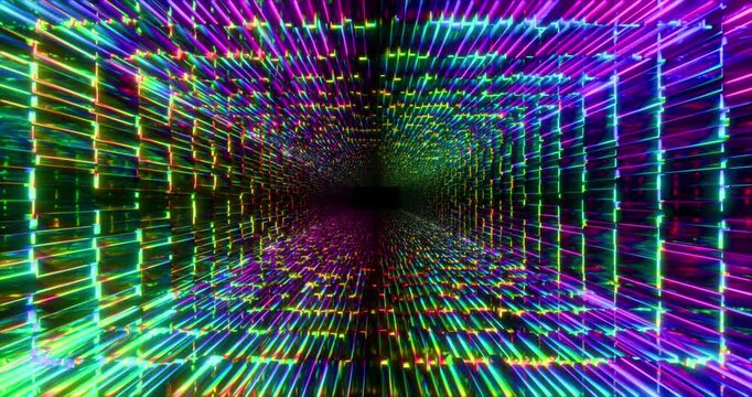 Futuristic glowing neon rotate reflection cube background. Shining geometric rainbow lines inside corridor in perspective. Bright retro digital cyberspace. 4K 3D rendering loop animation.