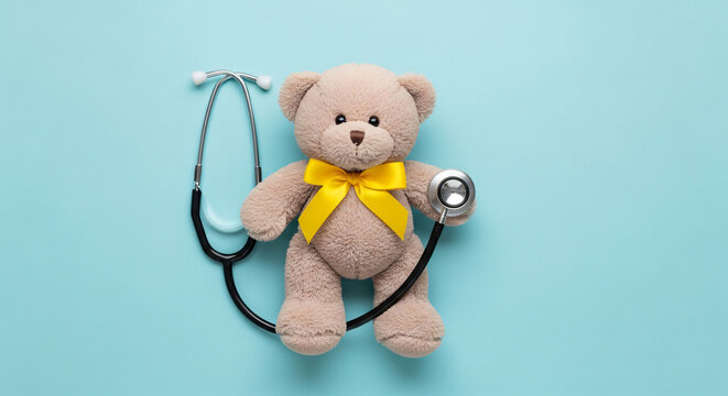 Teddy bear with yellow ribbon beside stethoscope on blue background. Banner template for childhood cancer awareness pediatric health care and medical charity campaign with copyspace.