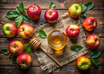 3d icon of a rustic overhead view of fresh red and green apples scattered around a jar of honey and a wooden honey dipper on a textured burlap cloth placed on a wooden table