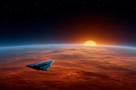 Futuristic Spacecraft in Orbit Above Mars with Celestial Sunset View