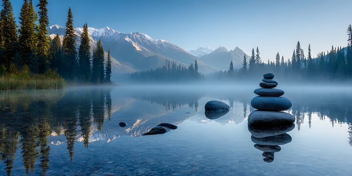 Serene cairn on a misty lake shore with majestic snow-capped mountains and pine trees reflecting in calm waters, symbolizing peace and balance. - Powered by Adobe