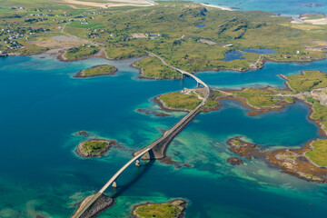 View from Volandstinden peak with surrounding islands and bridges of Fredvang. Stunning view on...