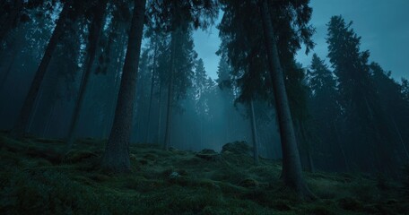 Gloomy forest vista with tall, imposing evergreens shrouded in mist under an overcast sky, seen from a mossy, sloping ground perspective
