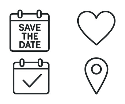 Minimalist save the date icon set with heart, calendar, location symbols