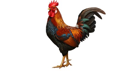 Fototapeta premium Majestic Rooster Illustration: Vibrant Plumage, Detailed Feathers, Isolated on White