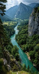 Verdant river winding through a mountain gorge