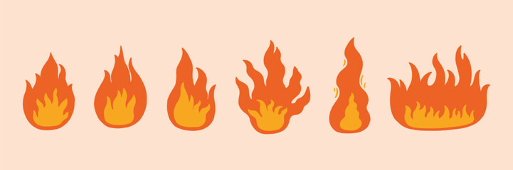 Fire Flame Icon Set. Doodle Hot Steam Smoke Logo. Vector Illustration