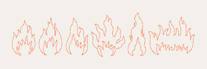 Fire Flame Line Icon Set. Doodle Hot Logo. Grunge Vector Illustration