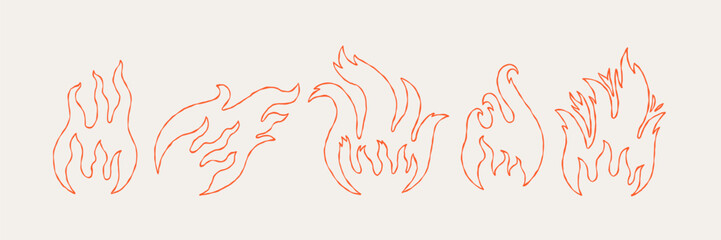 Fire Flame Line Icon Collection. Doodle Hot Logo. Grunge Vector Illustration