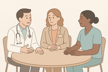 healthcare professionals having meeting around table doctor nurse and social worker discussing patient care in hospital setting