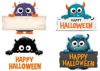 .Cute monster peeking behind "Happy Halloween" sign, transparent PNG