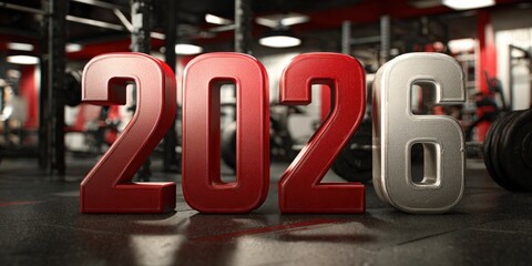 In a vibrant gym decorated for the holidays, large metallic numbers 2026 stand front and center. Fitness enthusiasts engage in intense workouts, embodying the New Year spirit