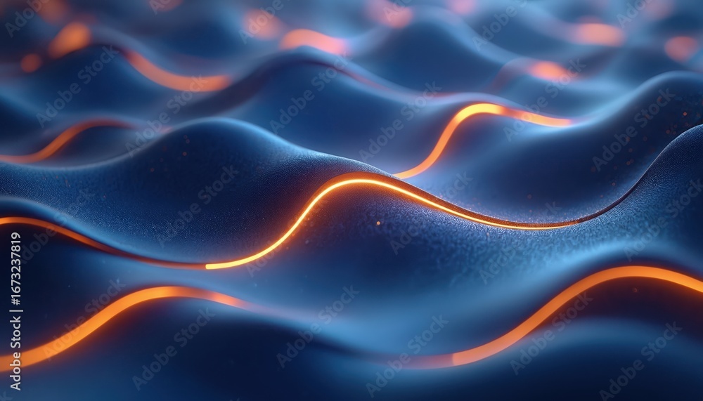 Poster abstract blue waves with glowing orange light lines create dynamic, flowing texture. futuristic illu