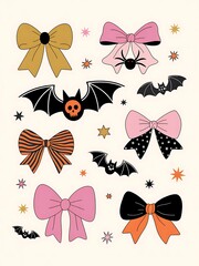 Fototapeta premium Halloween Bows Bats and Stars Cute Clipart Collection