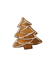 Decorated gingerbread tree cookie highlighted against a plain background for festive holiday treats