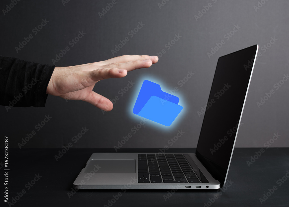 Poster businessman managing digital folder using laptop computer
