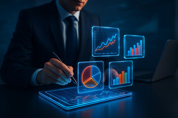 Data analysis and business performance management using a digital tablet with a stylus displaying financial graphs and charts