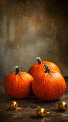 Pumpkin trio on rustic surface, golden orbs in background .