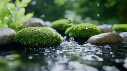 Nature detail of moss-covered stones with flowing water, peaceful forest backdrop