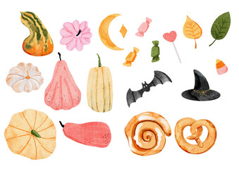 Watercolor Halloween Elements clipart with Pumpkins, Candy and Witch Hat