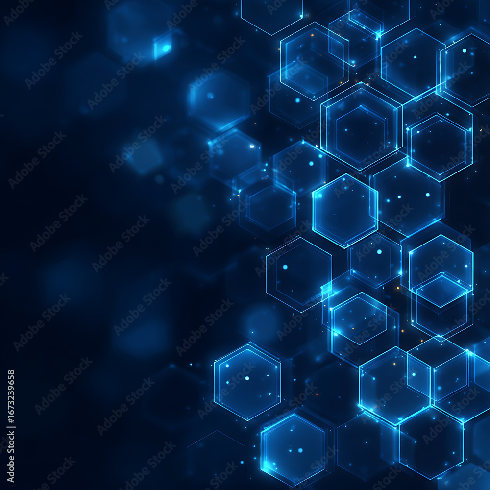 Poster dynamic glowing hexagonal network, perfect for tech, data, and futuristic design concepts, vibrant d
